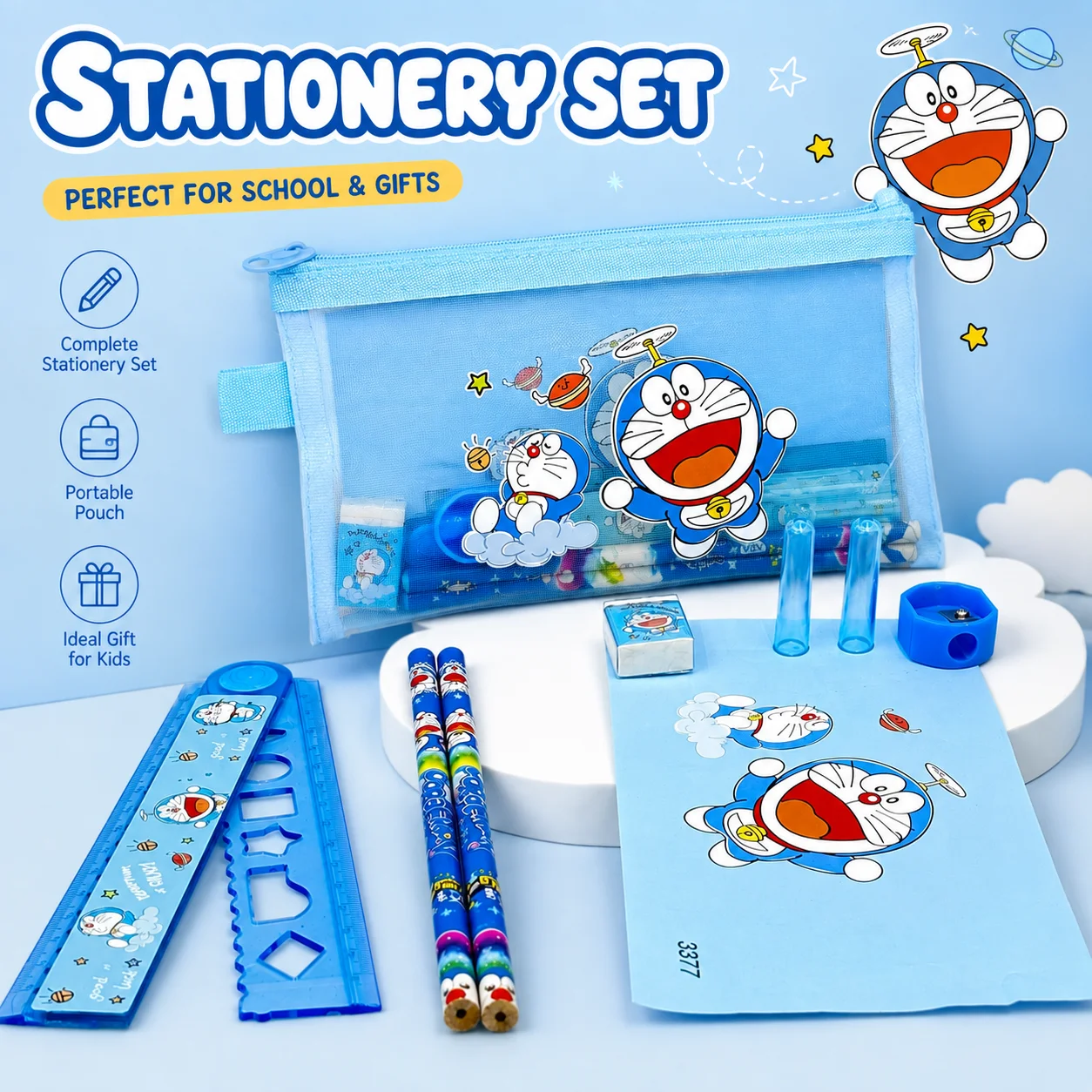 Stationery Supplier - Niedliches blaues Cartoon-Katzen-Schreibset für Kinder, Bleistifte,